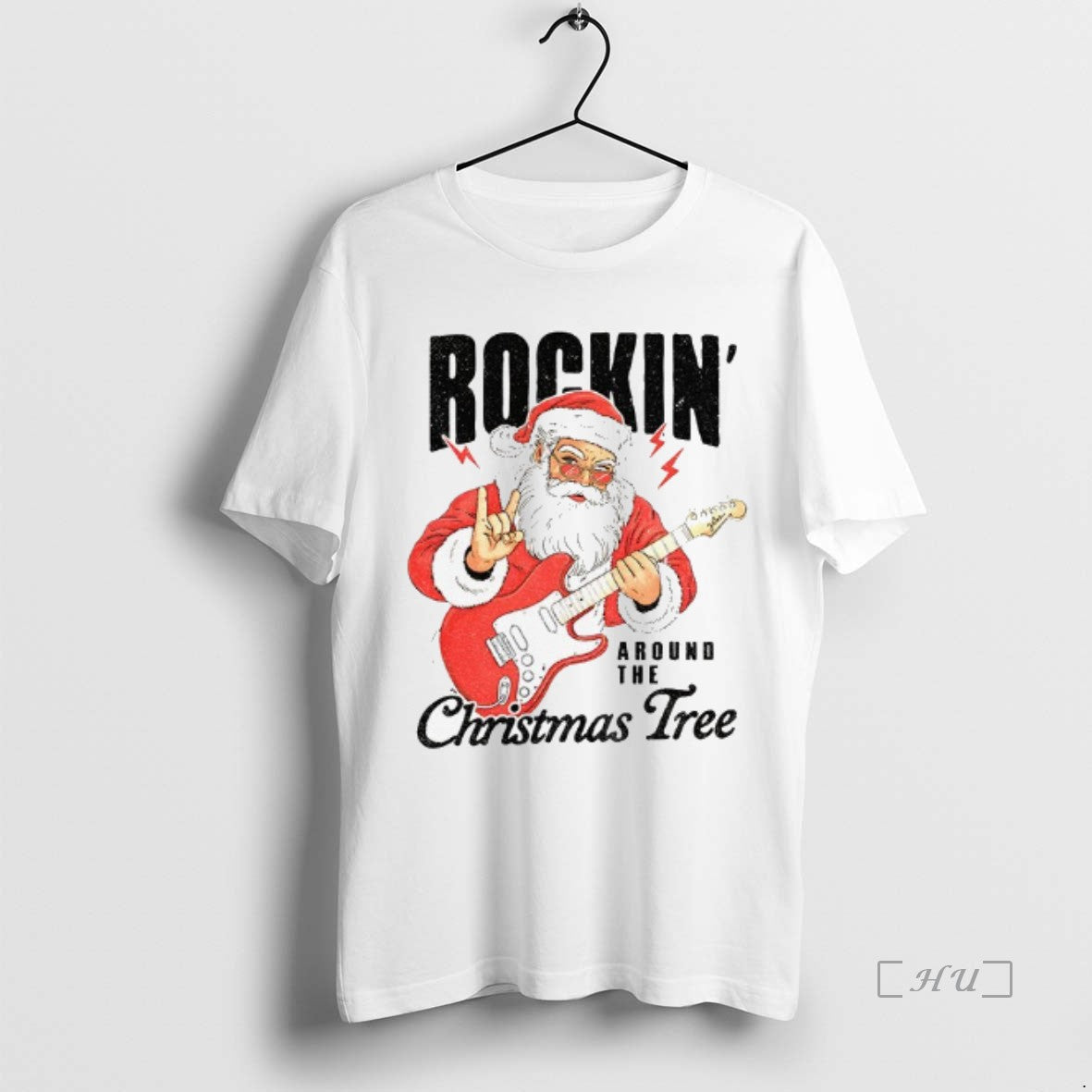 Trending Santa Claus Play Guitar Rockin Around The Christmas Tree Merry Christmas Premium T Shirts Hoodie, Sweatshirt