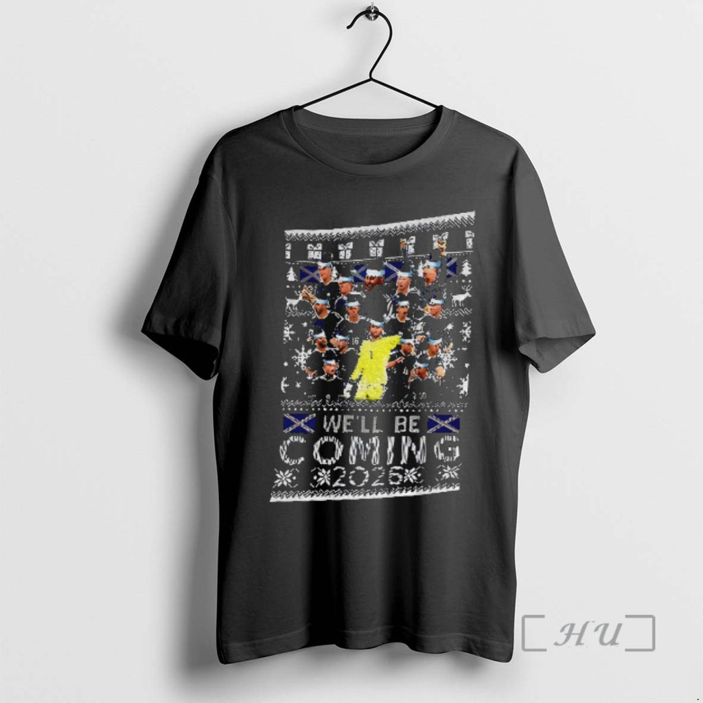 Trending Scotland Football Christmas Jumper Well Be Coming 2026 Navy World Cup 26 Scottish Premium T-Shirts, Hoodie,...