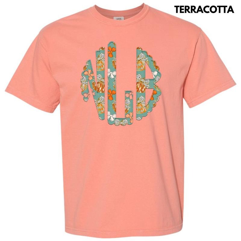 Trendy Pumpkin & Bow Monogram Comfort Colors T-Shirt 'NLB' Hoodie, Sweatshirt | PureTeeCo.com