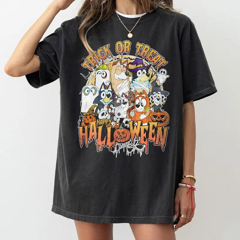 Trick Or Treat Halloween Blue Dog Unisex Soft Tee | Must Have Halloween Shirt Hoodie, Sweatshirt | PureTeeCo.com