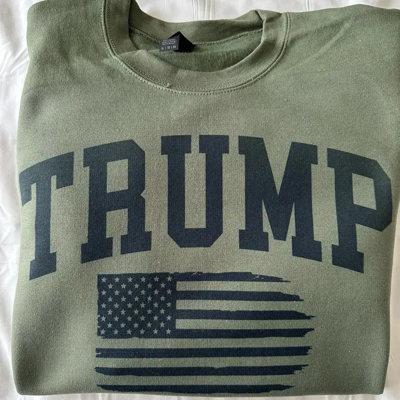 Trump Flag Sweatshirt Hoodie Military Green Trump 47 T-Shirts | PureTeeCo.com