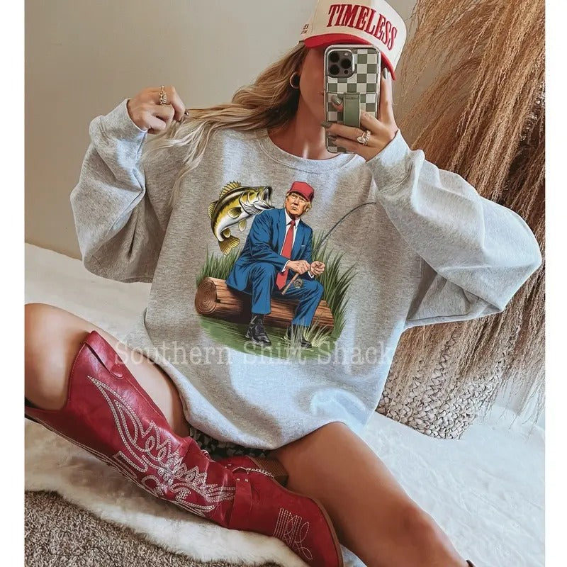 Trump Gone Fishing Sweatshirt | Ash Gray Sweatshirt T-Shirts, Hoodie | PureTeeCo.com