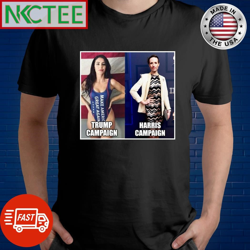 Trump campaign woman bikini vs Harris campaign LGBT shirt