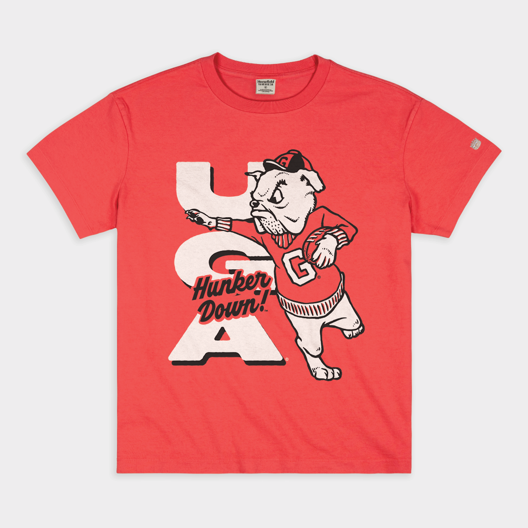 Georgia Bulldogs Football "Hunker Down" Vintage Heavyweight Tee Style001 Hoodie, Sweatshirt | PureTeeCo.com (Image 1)