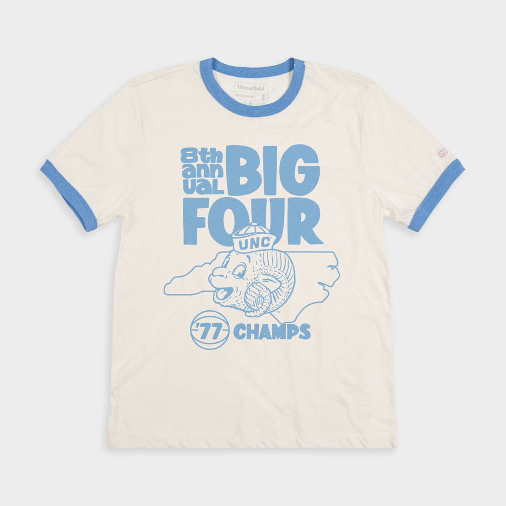 UNC Tar Heels Big Four 1977 Champs Ringer Tee Hoodie, Sweatshirt | PureTeeCo.com (Image 1)