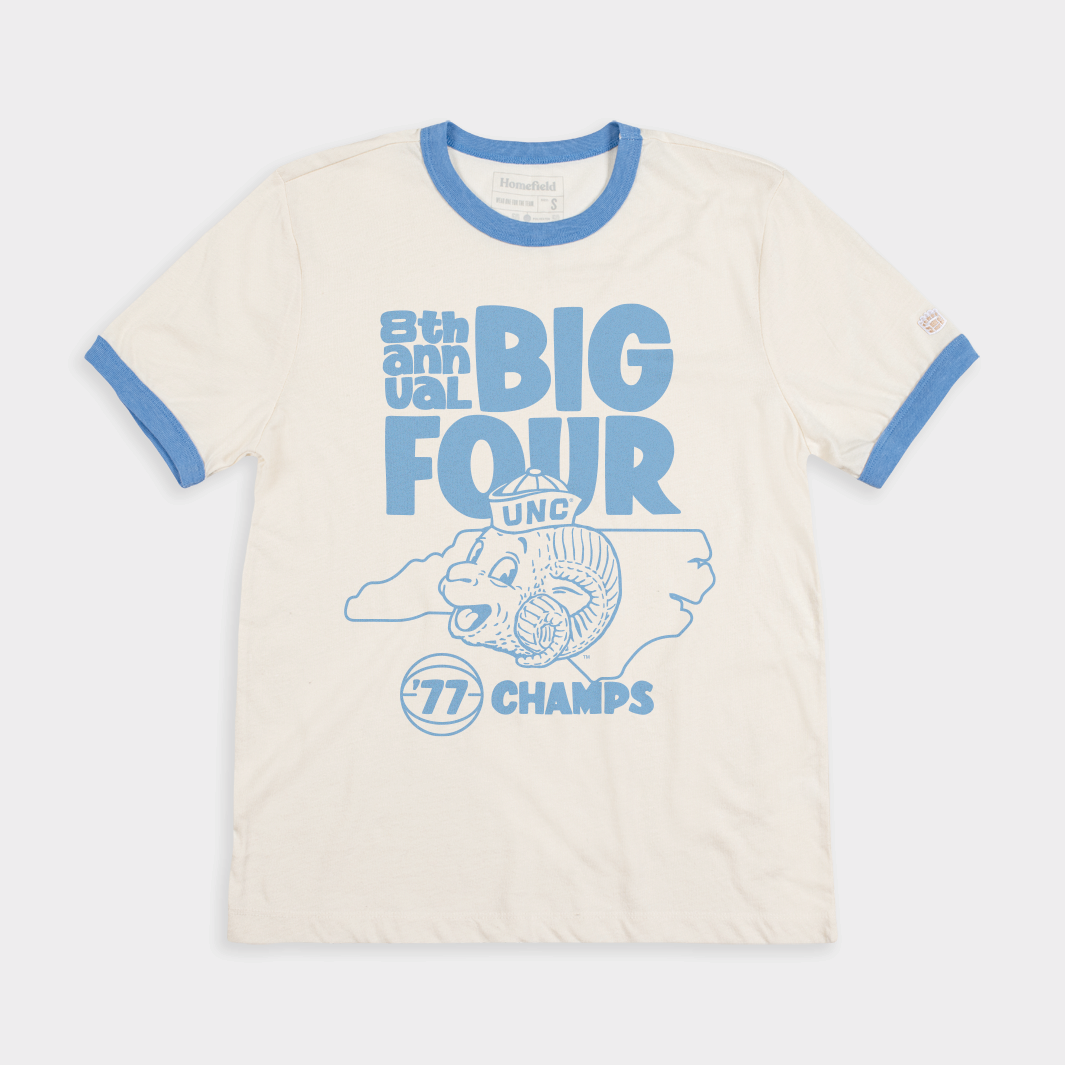 UNC Tar Heels Big Four 1977 Champs Ringer Tee Hoodie, Sweatshirt | PureTeeCo.com (Image 1)