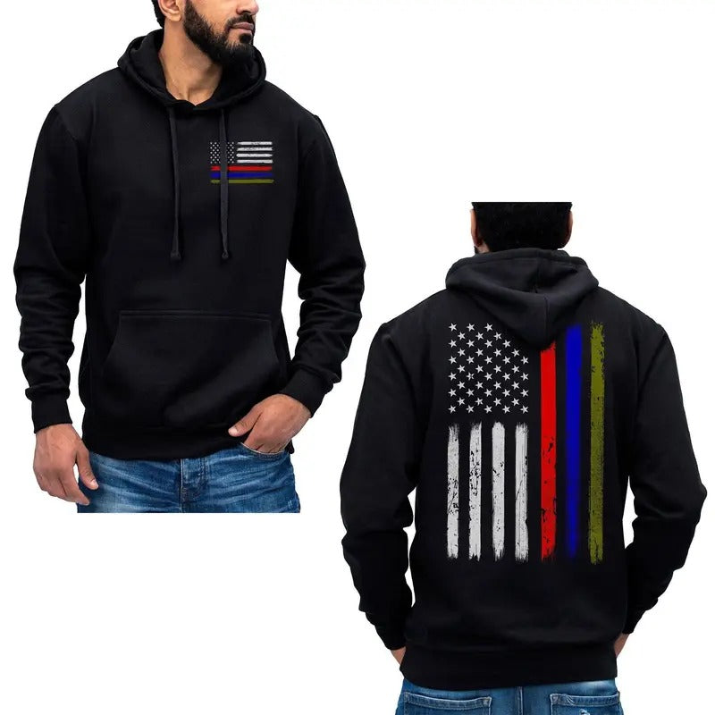 US Thin Red Blue Green Line Flag Hoodie Sweatshirt Firefighter Police Army Cotton Fabric T-Shirts | PureTeeCo.com