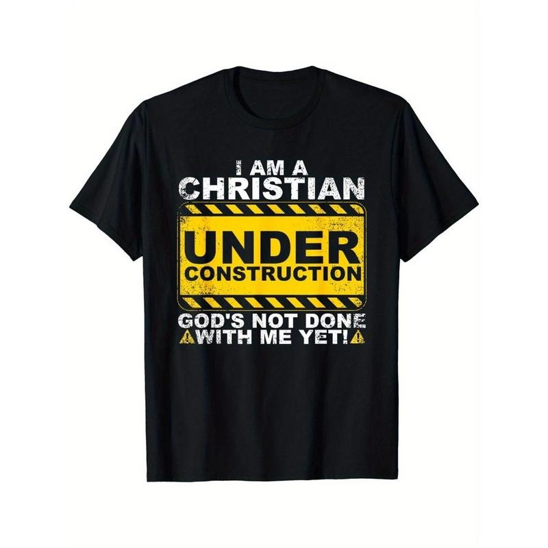 Under Construction Letters Print Men's Crew Neck Short Sleeve Tee Fashion T-Shirt, Casual Comfy Breathable Top For Spring...
