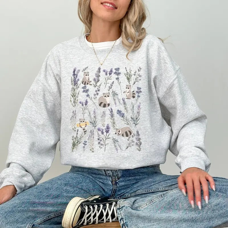 Unisex Flower Raccoon Sweatshirt T-Shirts, Hoodie | PureTeeCo.com