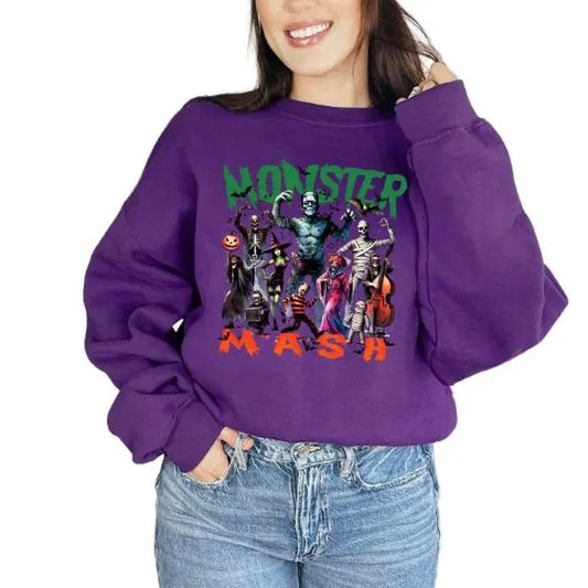 Unisex Monster Mash Halloween Sweatshirt - Traditional Horror Characters in Fall Colors - Available in Sand, Purple, Ash - Short Sleeve & Crewneck Options - Perfect for Traditional Halloween Vibes