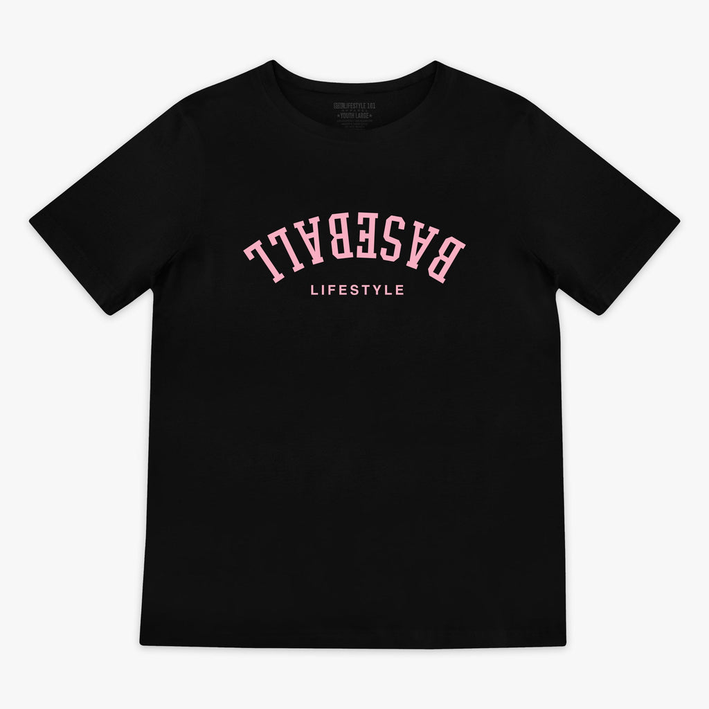 Upside Down Baseball Youth Tee - Black/Pink Hoodie, Sweatshirt | PureTeeCo.com (Image 1)
