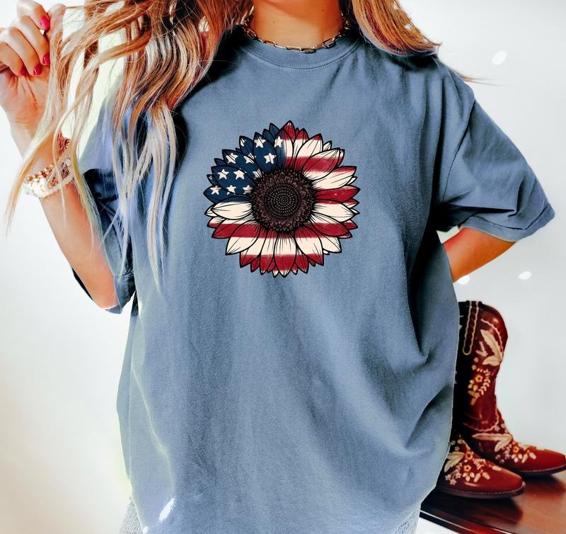 Usa Flag Flower T Shirt America Sunflower Shirt Gift For American 4th Of July Flag Graphic T-shirt Freedom Tshirt...