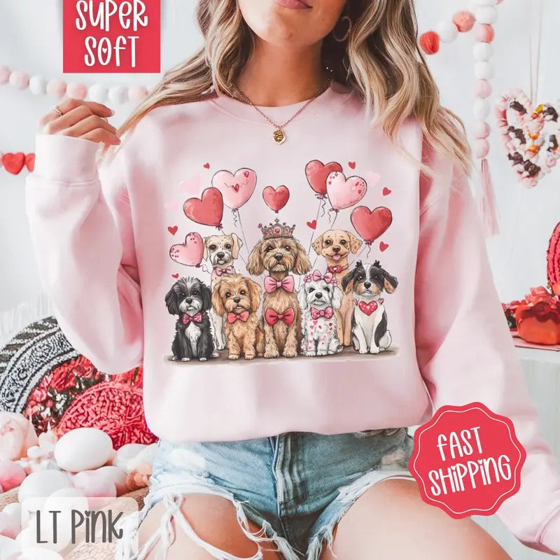 Valentine Dogs Sweatshirt, Valentine's Day Crewneck, Cute Women's Sweater T-Shirts, Hoodie | PureTeeCo.com