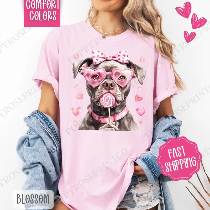 Valentine Pitbull Shirt Comfort Colors, Valentine's Day Women's Tee, Cute Women's Tshirt Hoodie, Sweatshirt | PureTeeCo.com