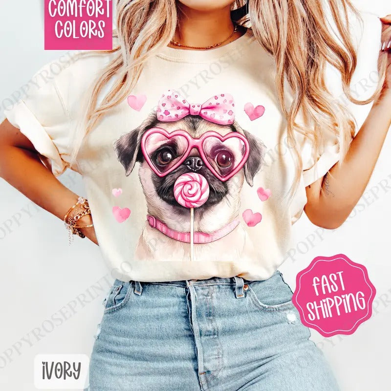 Valentine Pug Shirt Comfort Colors, Valentine's Day Women's Tee, Cute Women's Tshirt Hoodie, Sweatshirt | PureTeeCo.com