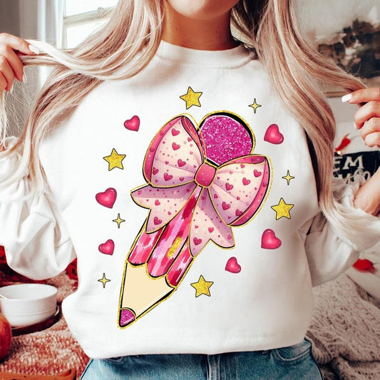 Valentine Teacher Coquette Bow Pencil Sweatshirt, Glitter Valentine Teacher Heart Sweatshirt, Teacher Valentine  , Brushstroke, Retro Teacher