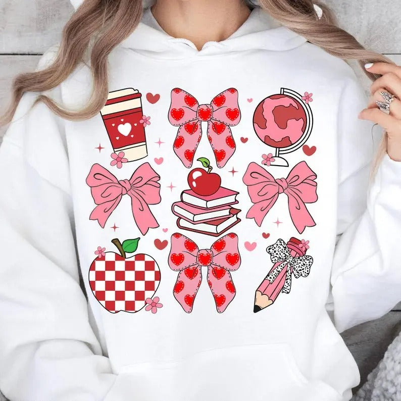 Valentine Teacher Hoodie, Teacher Coquette Bow Valentine Shirt, Valentine Shirt, Retro Valentine Shirt, Gift For Her, Gift For Teacher
