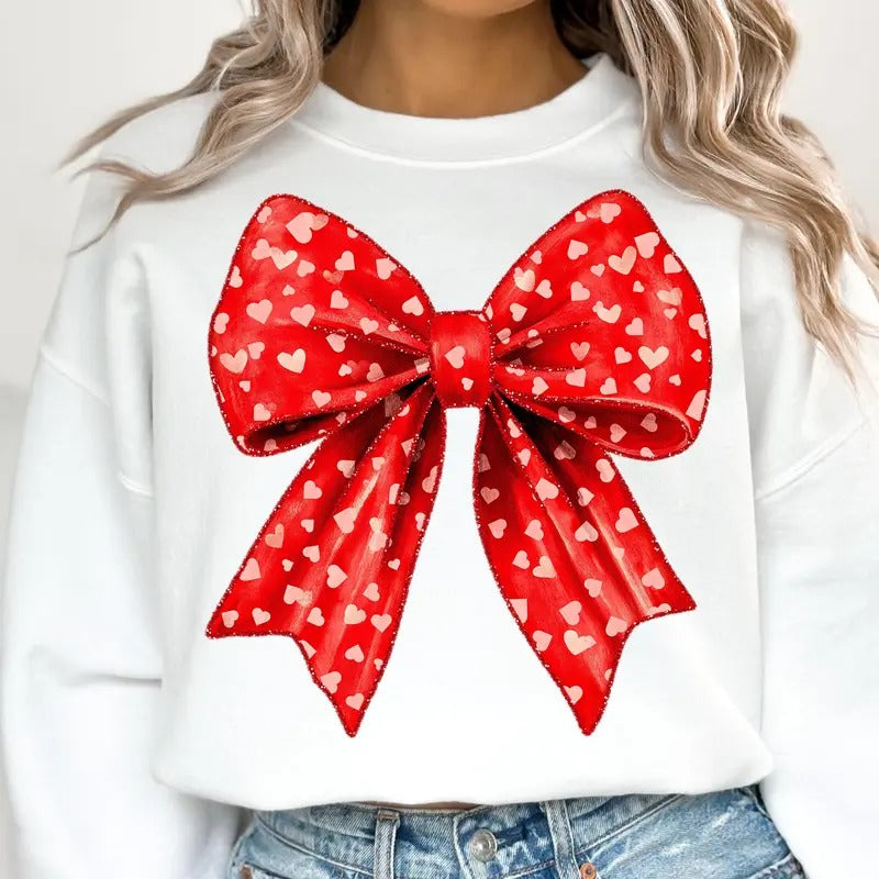 Valentine's Day Heart Coquette Bow T-Shirt, Retro Valentine Crewneck, Valentine Love Sweatshirt, Heart Bow Valentine's Day Shirt