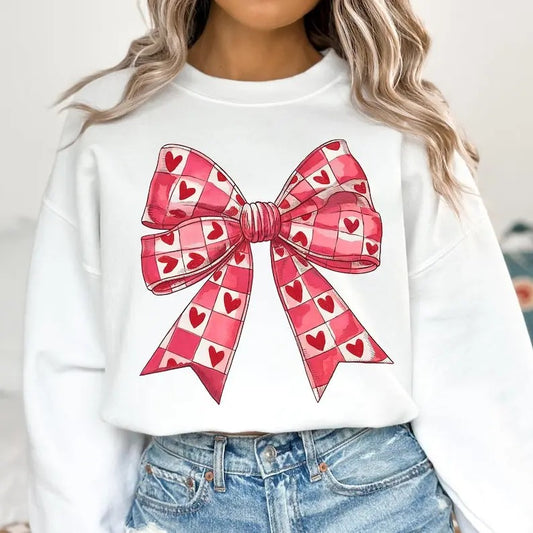 Valentines Day Heart Coquette Bow Sweatshirt Checkered Valentine , Retro Valentine , Valentine mama , Coquette , Love , Cupid