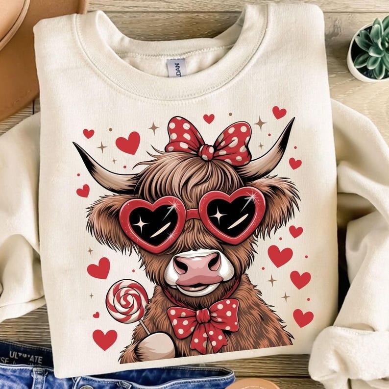 Valentines Highland Cow Coquette Sweatshirt Western Happy Valentine's Day Gift T-Shirts, Hoodie | PureTeeCo.com