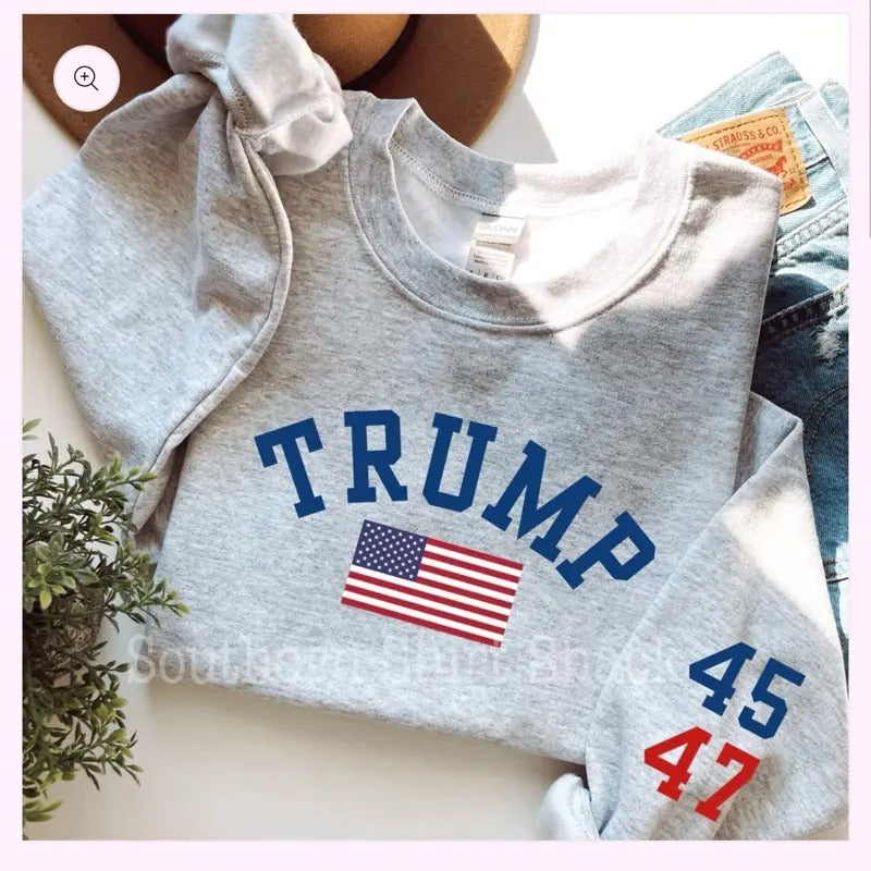 Varsity Trump 45-47 Sweatshirt | Trump Sweatshirt T-Shirts, Hoodie | PureTeeCo.com