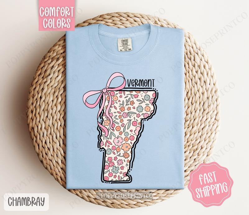 Vermont Floral Bow Comfort Colors T-shirt, Cute Trendy Tee, State Coquette Oversized Top Hoodie, Sweatshirt | PureTeeCo.com