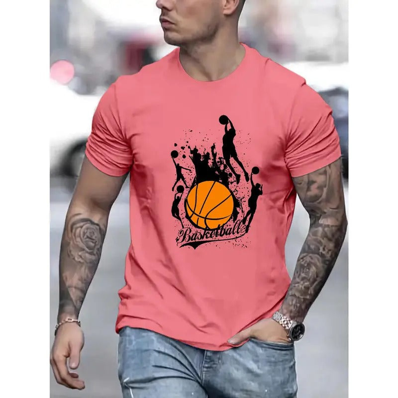 Vibrant Basketball Graphic Print T-shirt - Comfortable Short Sleeve, Classic Crew Neck, Ultra-Casual Wear