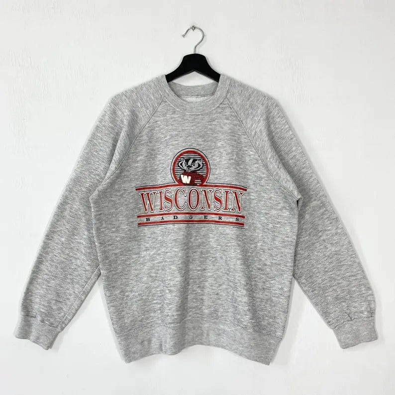 Vintage 80s University Wisconsin Sweatshirt Wisconsin Crewneck Wisconsin Sweater Pullover Wisconsin Badgers Print Logo...