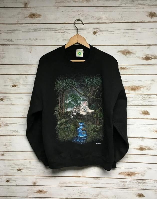 Vintage 90's White Tiger Jungle crewneck sweatshirt black soft Tiger crew neck sweatshirt embroidered Jungle cat Big cat...
