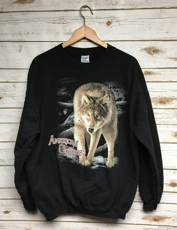 Vintage 90's Wolf crewneck sweatshirt Wolves sweatshirt American Outdoors black animal print crew neck sweatshirt...