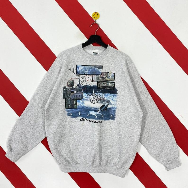 Vintage 90s Alaska Sweatshirt Alaska Crewneck Ketchikan Sweater Pullover Juneau Glacier Bay Sitka Skagway Fairbanks Print...