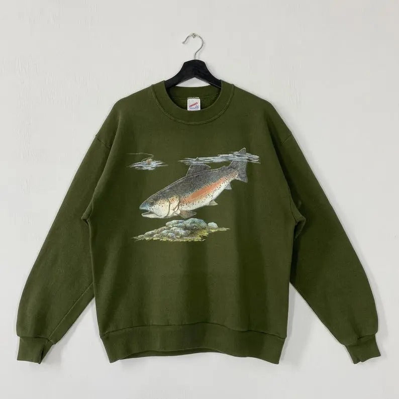 Vintage 90s Fishing Outfitters Trout Sweatshirt Largemouth Bass Crewneck Trout Sweater Pullover Rainbow Trout Fish Print...