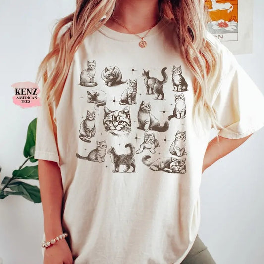 Vintage 90s Tattoo Cat Tshirt, Retro Kitten Nature Shirt, Cat Lovers Gift, Cats In Space Unisex Relaxed Adult Graphic Tee, Funny Gifts lover Cotton