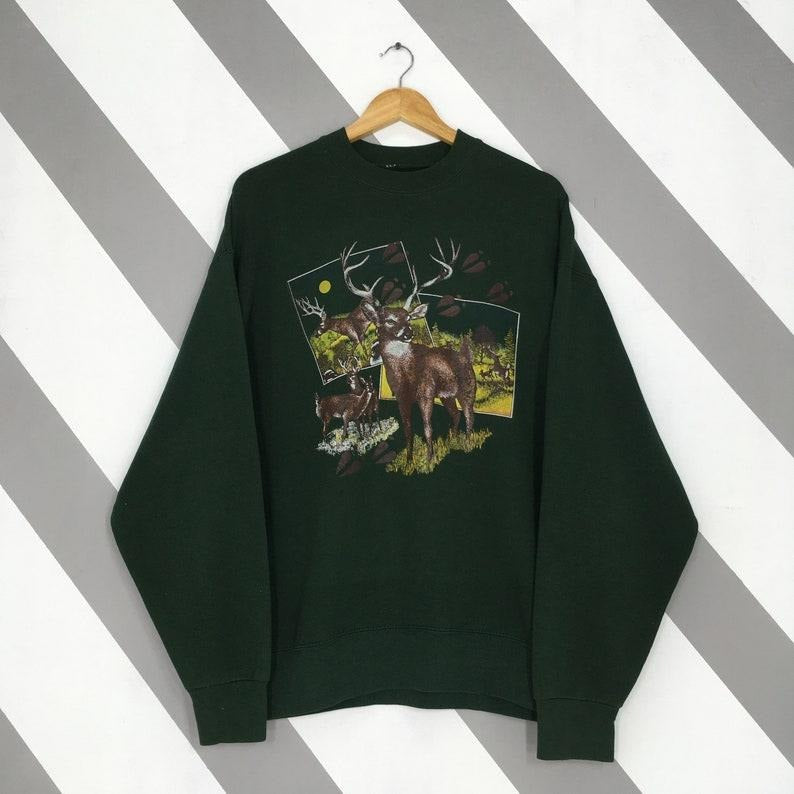 Vintage 90s Whitetail Deer Wildlife Green Sweatshirt XLarge The Great North American Deer Crewneck White-Tailed Deer...