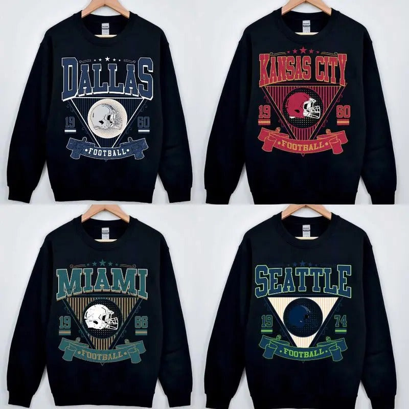 Vintage All Team Football Sweatshirt with Big Words Logo and Graphic Tees for Football Fans Black Color Vintage...