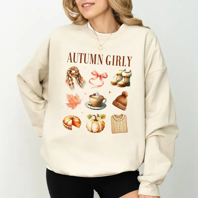Vintage Autumn Girly Sweatshirt, Fall Vibes Sweater, Autumn Apparels for Girls, Retro Fall Crewneck, Aesthetic Autumn...