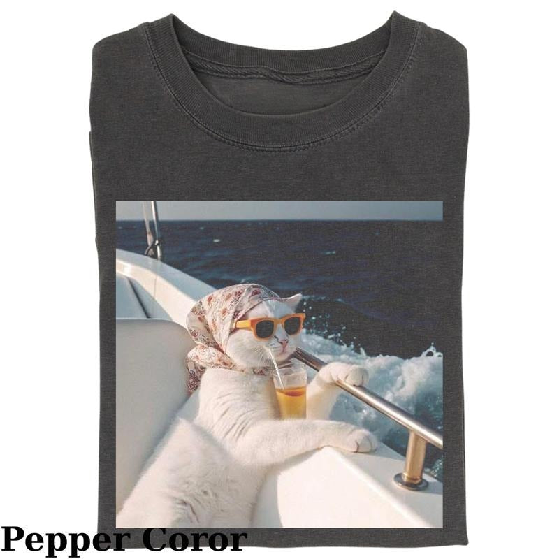 Vintage Cat Drinking Water On Cruise T-Shirt, Fantasy Kitten Tshirt, Cute Cat Shirt, Cool Cat Tshirt, Love Cat Tshirt,...