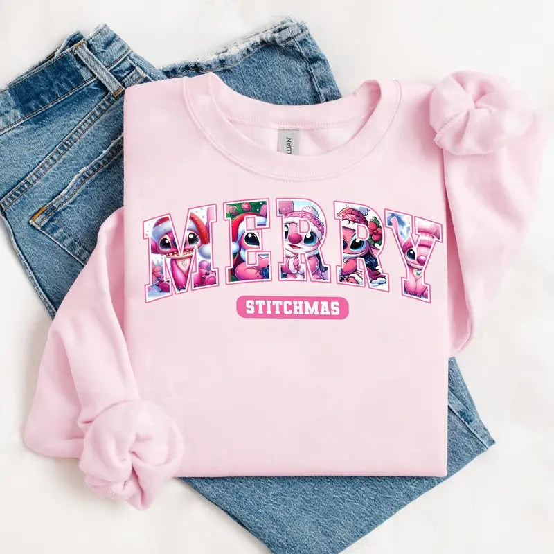 Vintage Cute Cartoon Merrymas Pink Sweatshirt for Men and Women, Unisex Retro Xmas Tee