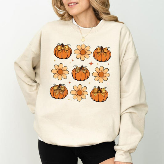 Vintage Floral Pumpkin Sweatshirt, Retro Halloween Sweater, Coquette Bow Pumpkin Sweatshirt, Autumn Pumpkin Crewneck, Spooky Season Unisex Sweatshirt, Comfy Long Sleeve Pullover, Fall Autumn Women's Tops, Casual Womenswear, Comfort Fabric Cotton Top