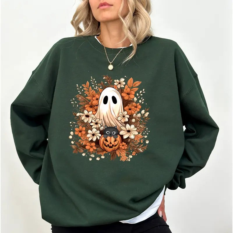 Vintage Halloween Ghost with Black Cat Sweatshirt, Cute Pumpkin Ghost Sweater, Boho Floral Ghost Crewneck, Halloween Boo...
