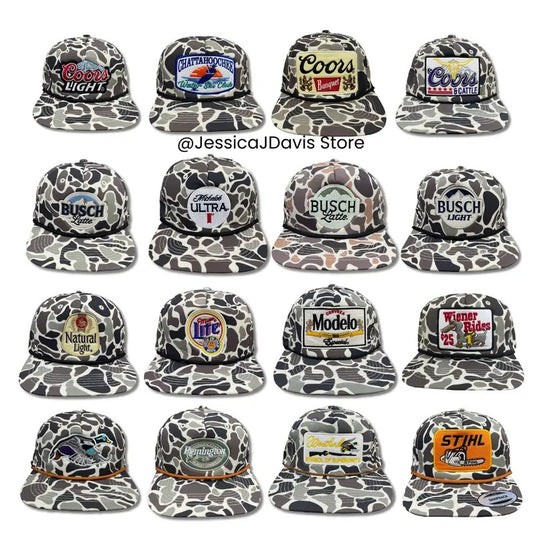 Vintage Retro Natural Light, Coors Light, Coors Banquet, Miller Lite, Busch Light, Busch Latte, Remington, Mallard Duck, Michelob Ultra,.. Camouflage Snapback Rope Brim Hat, Hat for men