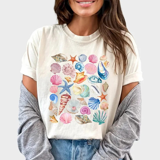 Vintage Seashells Shirt, Retro Beach Vibes Tee, Summer Vibes Graphic Printed Tee, Ocean Lover Unhinged Shirt, Retro Summer Vacation Tee, Family Beach Party Comfy Fabric Graphic Tee, Women's Top, Womenswear, Cotton Fabric Relaxed Fit Chic Style