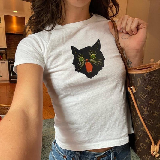 Vintage Style Halloween Black Cat Baby Tee For Her Gift, Witchy Vibes Baby Tee For Her, Coquette Baby Tee, Retro Cat Baby Tee For Cat Lover Cotton