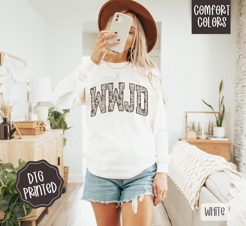 WWJD Comfort Colors Long Sleeve T-Shirt, Cute Women's Religious Tee Hoodie, Sweatshirt | PureTeeCo.com