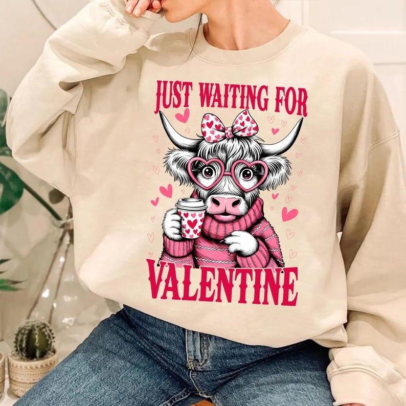 Waiting for Valentine | Highland Cow Heart Crewneck | Retro Coquette Sweatshirt T-Shirts, Hoodie | PureTeeCo.com