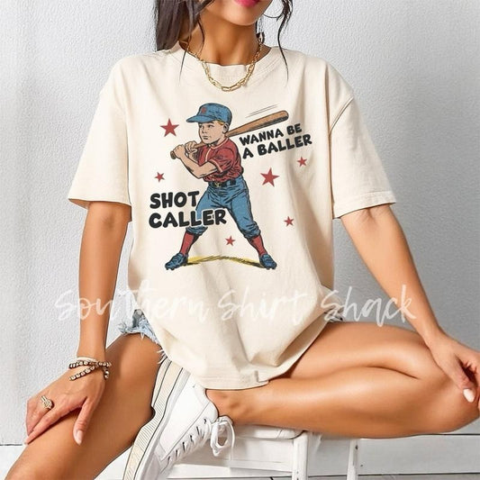 Wanna be a baller shot caller T shirt  | ivory comfort colors t shirt | baseball mama T shirt | baseball season t shirt