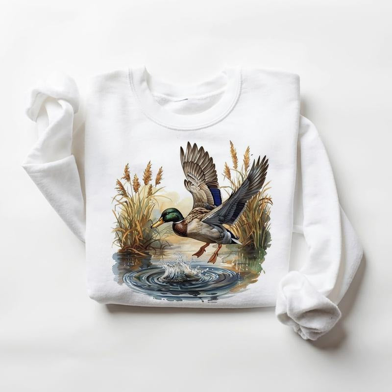 Watercolor Mallard Duck Flying of a Lake Wild Duck Sweatshirts Independence Day Retro and National Hunting Day 1 Cotton...
