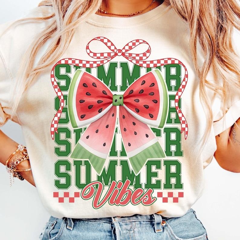 Watermelon Summer Vibes Retro Girly Coquette Bow Hello Summer Preppy Trendy T-Shirt Hoodie, Sweatshirt | PureTeeCo.com