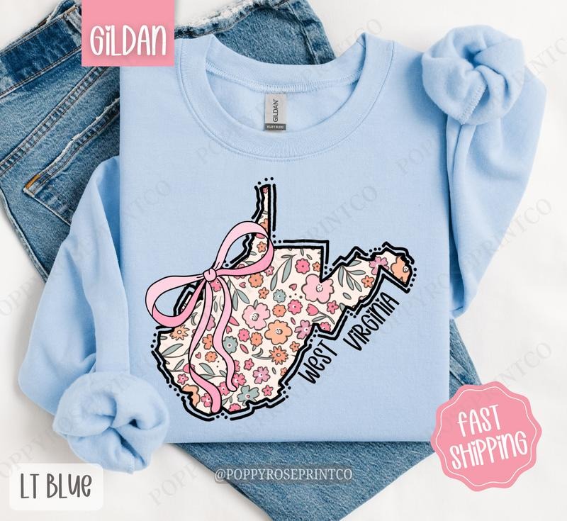 West Virginia Floral Bow Gildan Sweatshirt, Cute Trendy State Coquette Pullover T-Shirts, Hoodie | PureTeeCo.com