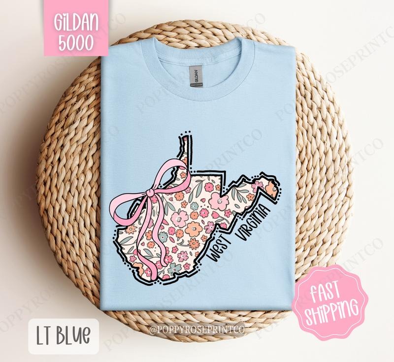 West Virginia Floral Bow Gildan T-shirt, Cute Trendy Tee, State Coquette Oversized Top Hoodie, Sweatshirt | PureTeeCo.com